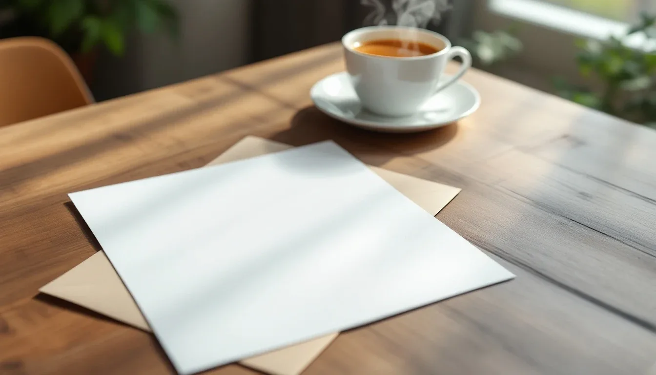 Blank application form and envelope on a kitchen table beside a cup of tea