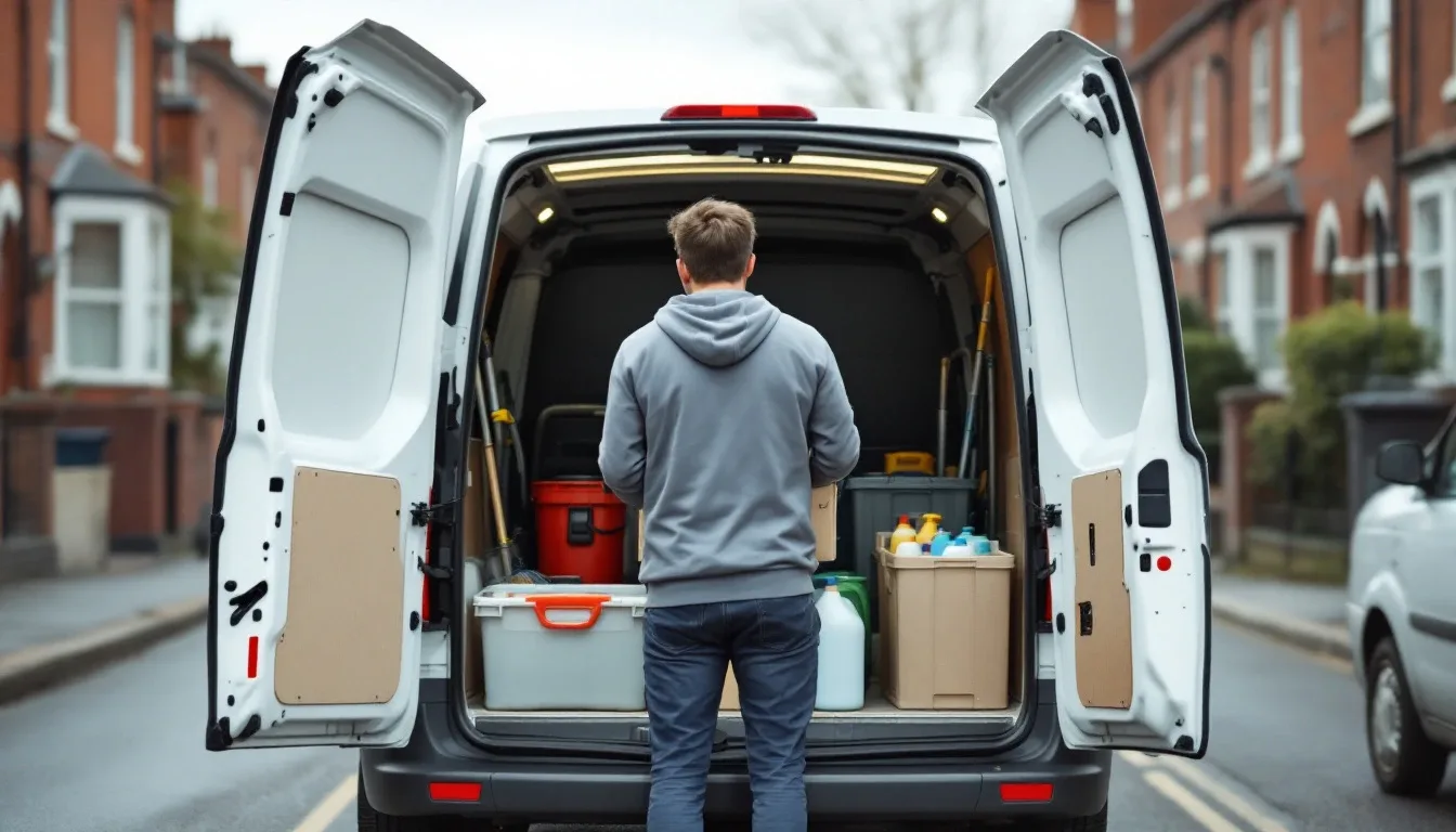 Open rear doors of a white van loaded with bucket, crates and mops on a terraced street